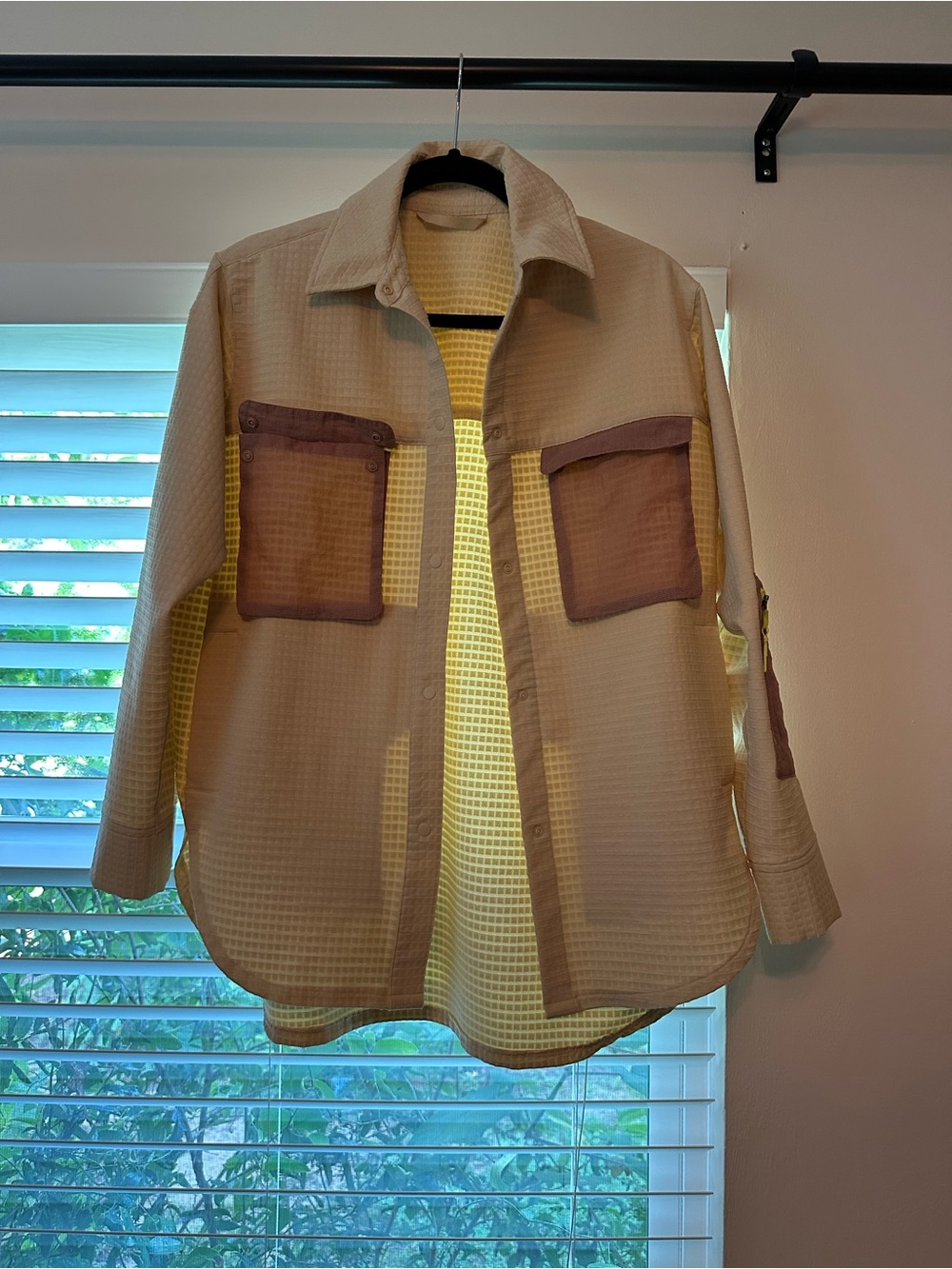 Lulu mlemon grid fleece hiking over shirt prosecco/pink clay size med